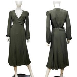 Reformation Nicole Viscose Crepe Wrap Long Sleeve Dress in Hunter Green XS